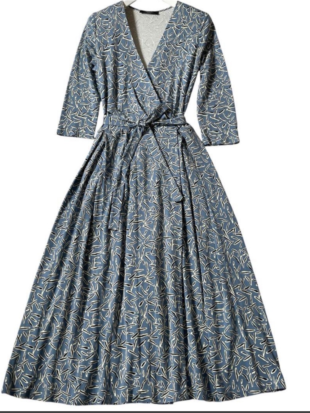 Weekend MaxMara Blue, White, and Black Printed Wrap Midi Dress